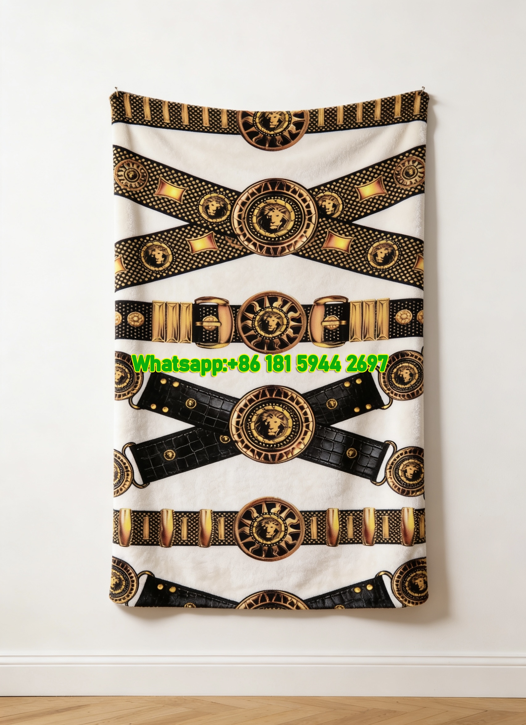 Versace Black Gold Lion Head Belt Print Flannel Sofa Throw Blanket IMG_1746